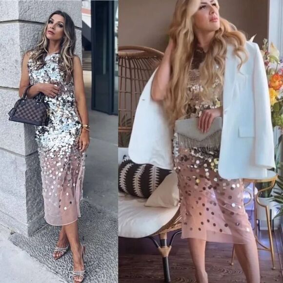 ZARA Sequin Knit Pink and Silver Dress S NWT - Picture 1 of 9
